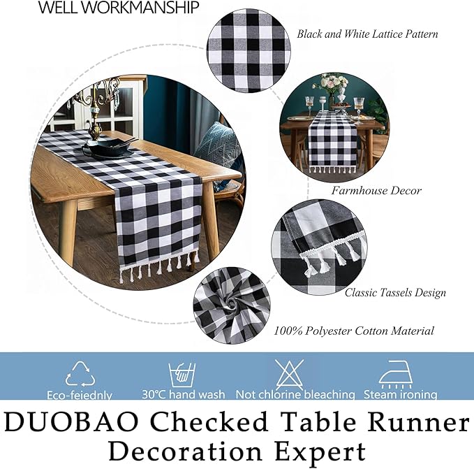 DUOBAO Buffalo Plaid Table Runner with Tassels 14x72-Inch Checked Linen Cotton Picnic Tables Overlay Rectangle Tablecloths Farmhouse Decor Gingham Runners Black and White