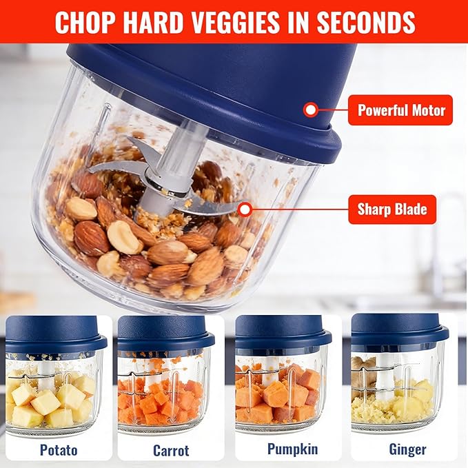 Electric Garlic Chopper 350ml, Powerful Portable Mini Food Processor, 1 Head 6 Blades, 1200mAh USB Rechargeable One-Touch Mincer for Garlic, Onion & Herbs, Auto Shut-Off, Noise-Reducing Base(Blue)