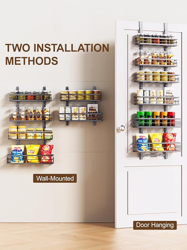 Delamu Over the Door Pantry Organizer, 6 Tier Pantry Door Organizer with Adjustable Basket, Door Spice Rack Seasoning Organizer, Metal Hanging Pantry Organizers and Storage for Kitchen,15.3" Black