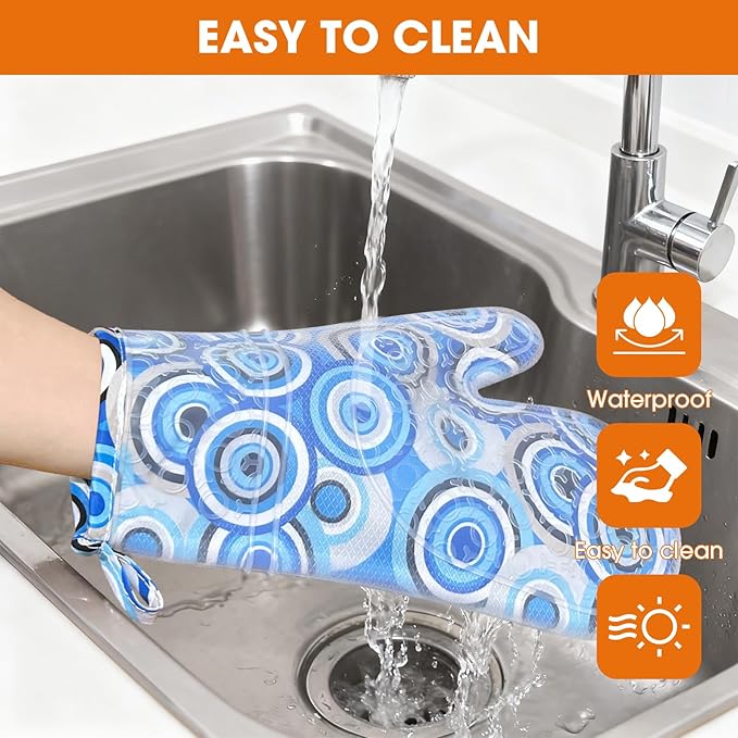 Silicone Oven Mitts Set Heat Resistant 2PCS Kitchen Mittens with Soft Cotton Lining Long Waterproof Non-Slip Oven Gloves for Cooking, BBQ, Baking-Blue