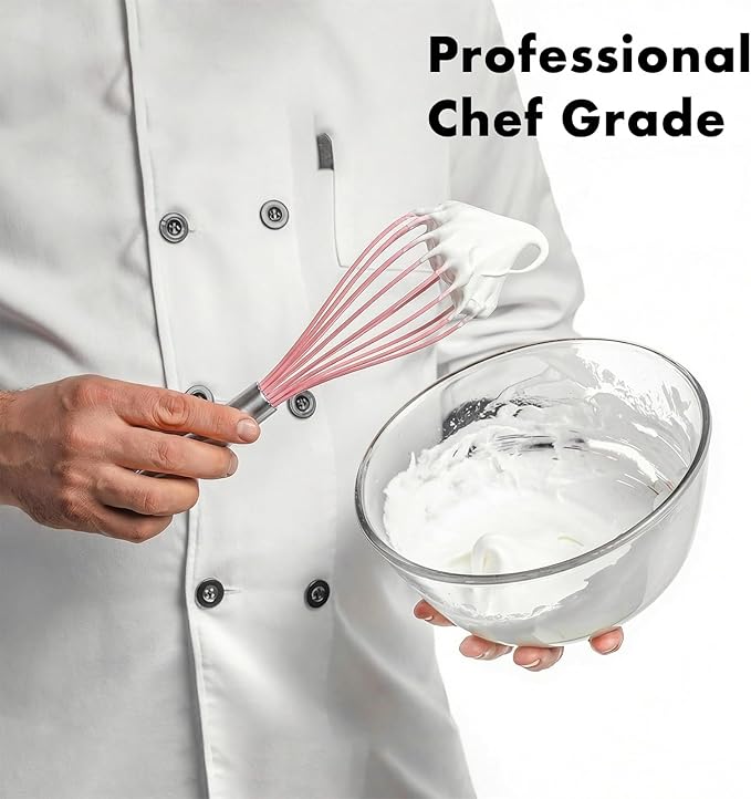 OYV 10-Inch Pink Silicone Whisk, Heat Resistant 480°F Kitchen Whisk with Stainless Steel Ergonomic Handle, Non-Scratch for Nonstick Cookware, Dishwasher Safe, Perfect for Blending, Cooking & Beating