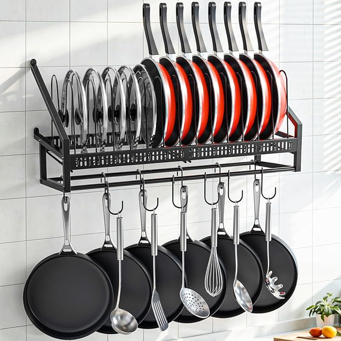 Housolution Pan Rack Wall Mounted, 24.8" Vertical Lid Organizer with 14 Adjustable Dividers, Heavy Duty Hanging Cookware Holder Hanger with 6 S-Hooks & 6 Vertical Hooks