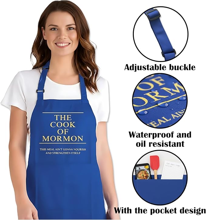 Cook of Mormon LDS Apron – Waterproof, Adjustable Neck Strap, Large Pocket, Funny Kitchen Apron for BBQ or Home Use