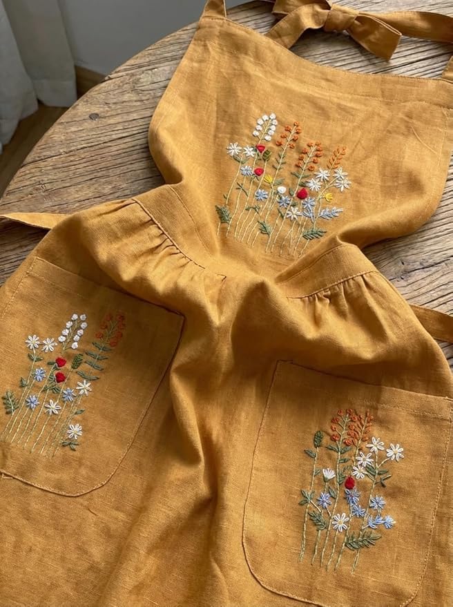 +Linen Embroidered +Apron For +Women With +Pockets, Cute Kitchen Apron, +Cooking +Baking Gifts For Her