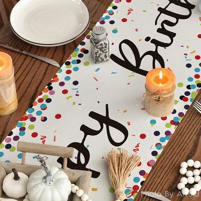 Artoid Mode Polka Dot Beige Happy Birthday Table Runner, Seasonal Kitchen Dining Table Decoration for Home Party Decor 13x36 Inch