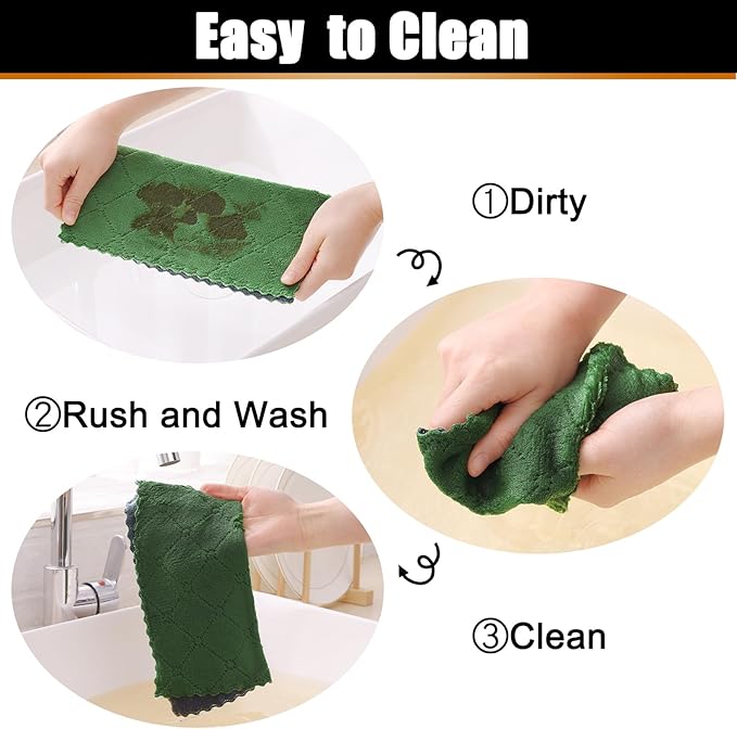 Mordimy 12 Pack Kitchen Cloths Dish Towels (10" x 10", Dark Grey & Grass Green), Super Soft and Absorbent Dish Cloths, Coral Velvet Microfiber Cleaning Cloth, Nonstick Oil Fast Dry Dishcloths