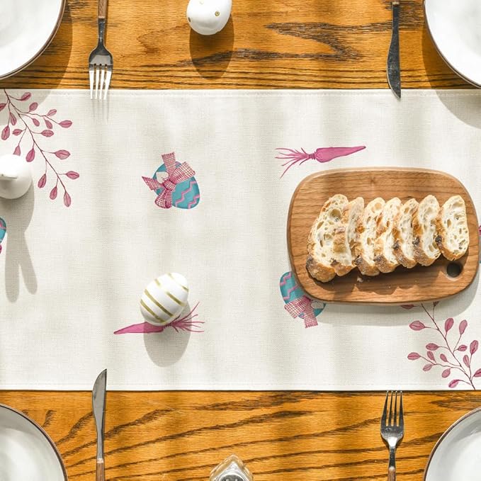 Artoid Mode Green Blue Pink Rabbit Bunny Happy Easter Table Runner, Seasonal Holiday Kitchen Dining Table Decoration for Home Party Decor 13 x 108 Inch