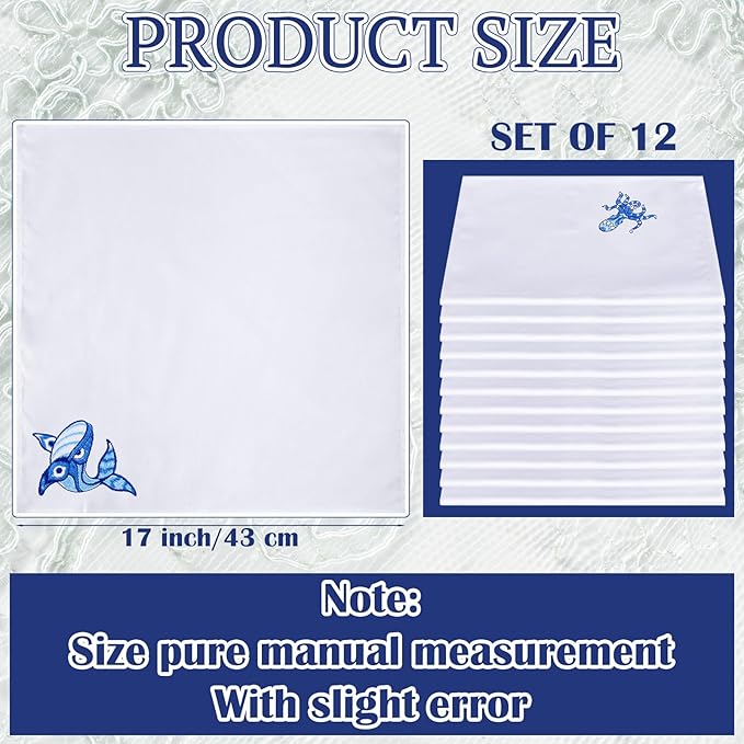HunnmingRe 12 Pcs Nautical Cloth Napkins Bulks 100% Cotton Summer Blue Fabric Cocktail Napkins Tortoise Crab Octopus Whale Embroidered Handtowel Reusable Washable for Kitchen Weddings 17x17inch