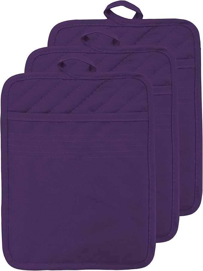Cotton Pocket Pot Holders Machine Washable Heat Resistant Hot Pads for Kitchen Square Purple Oven Mitts 7"x9" Set of 3