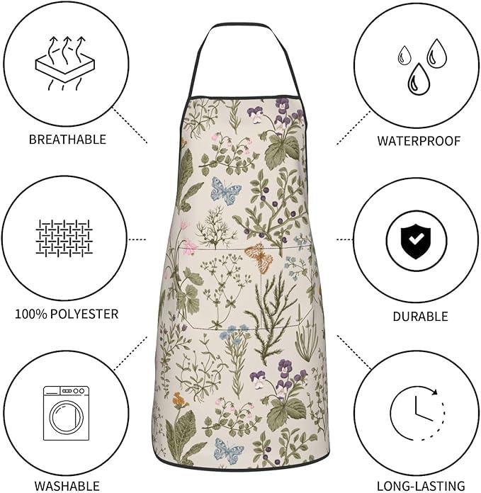 Vintage Wildflower Herbs Floral Rustic Butterfly Oven Mitts Pot Holders Cooking Apron Set of 5 Silicone Kitchen Glove Apron Non-Slip Heat Resistant for Chef Baking Cooking Grilling BBQ