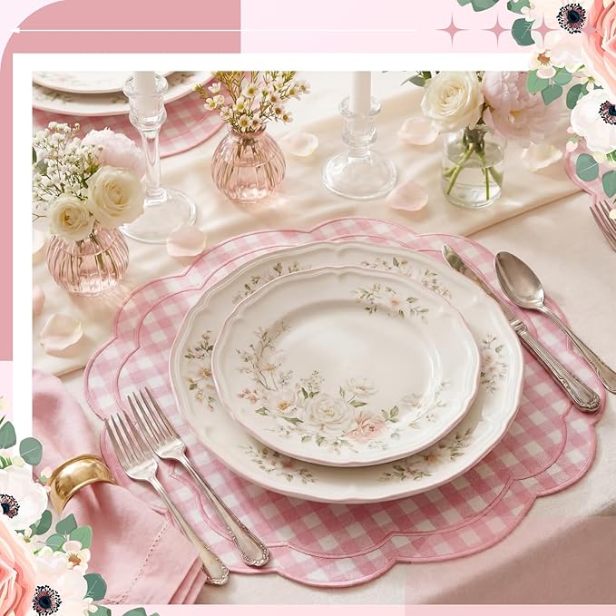 Breling Set of 6 Pink Gingham Placemats Scalloped Embroidered Cotton Linen Placemats 17" x 13" Double Layered Machine Washable Table Place Mat for Wedding Birthday Baby Shower Party Table Decor