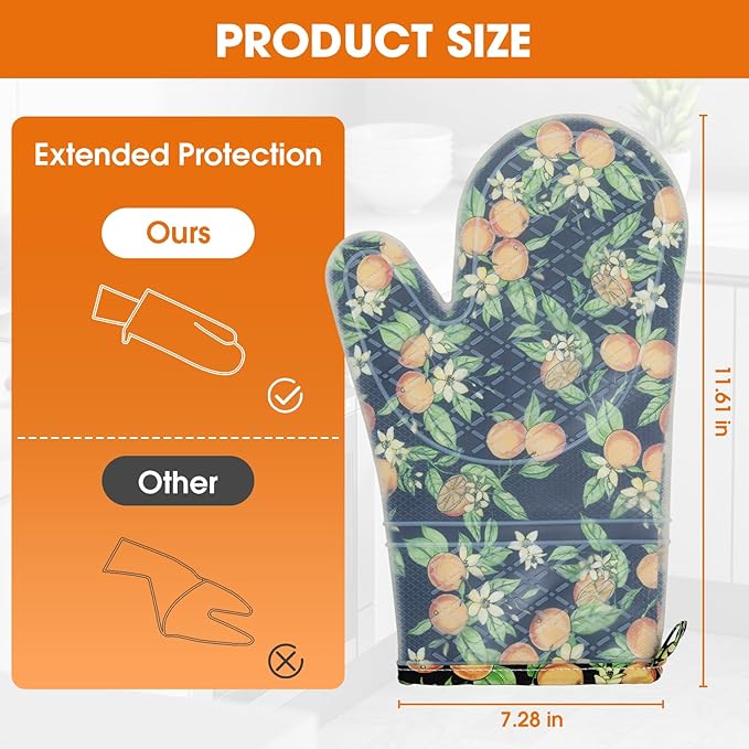 Silicone Oven Mitts Set Heat Resistant 2PCS Kitchen Mittens with Soft Cotton Lining Long Waterproof Non-Slip Oven Gloves for Cooking, BBQ, Baking-Orange
