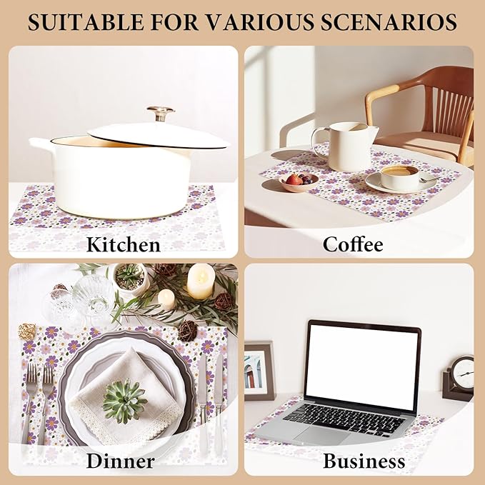 Cotton Linen Waterproof Placemats Set of 4, Purple Floral Dining Mat Table Mats Decor Fabric for Kitchen Dinner Coffee Shop Table, Outdoor/Indoor Washable Wipeable Placemat -N031