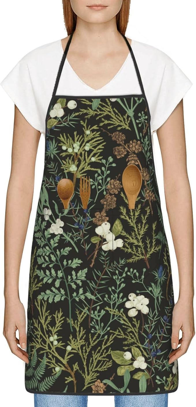 Botanical Print Floral Oven Mitts Pot Holders Farmhouse Cooking Apron Set of 5 Silicone Black Sage Green Botanical Print Kitchen Glove Apron Non-Slip Heat Resistant for Chef Baking Cooking