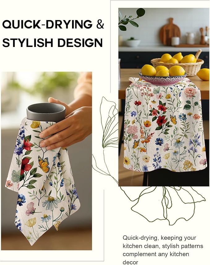 Miss Adola Flour Sack Kitchen Towels - Set of 2 Spring Dish Towels with Hanging Loop 18x26 Inch Absorbent Reusable Cotton Cloths for Cleaning Cute Design Home Decorative Housewarming, Vintage Flower