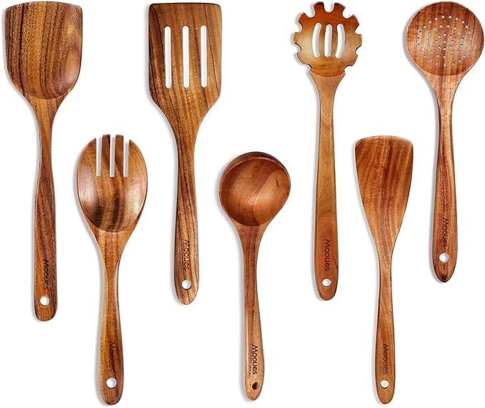 Mooues Wooden Spoons for Cooking, Wooden Utensils for Cooking Natural Teak Wooden Kitchen Utensils Set Comfort Grip (7 PCS SET)