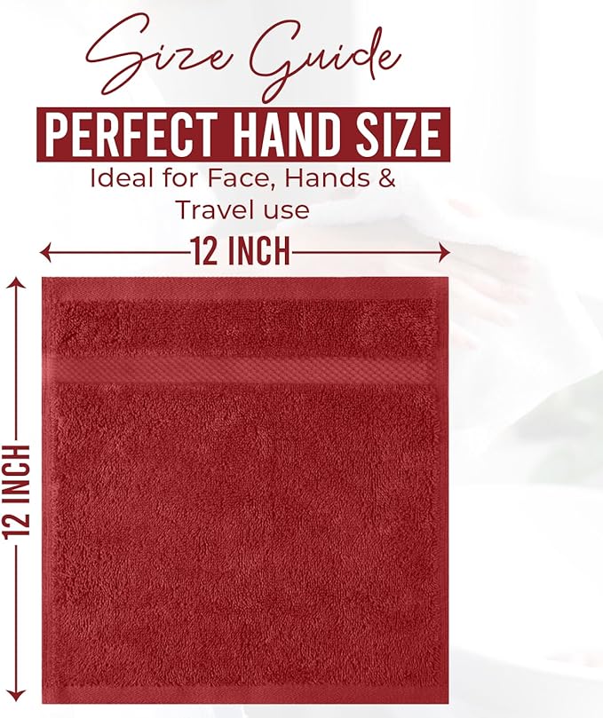 DAN RIVER 12-Pack Premium 100% Cotton Red Face Towels for Bathroom - Reusable Face Wash Cloths for Showering 12x12 Inches - 550 GSM Super Soft & Absorbent Luxury WashCloths for Body, Spa & Gym