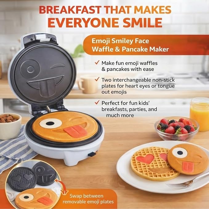 Emoji Smiley Face Waffle & Pancake Maker w 2 Removable Plate Sets- Fun Breakfast Maker for Kids & Families, Cute Nonstick Novelty Waffler for Easy Homemade Waffles- Gift for Birthday, Brunch, Everyday
