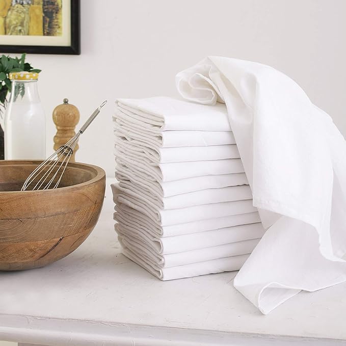 DG Collections 100% Cotton Flour Sack Towels – 12 Pack, 27x27 Inches, White, Lint-Free, Pre-Washed, Hemmed Edges – Reusable Kitchen Towels for Cleaning, Embroidery, Printing & Crafts - White
