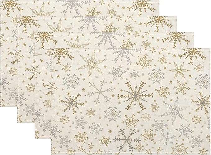 Christmas Place mats Set of 4, 12x18 Inches Gold Gray Snowflake Decorative Placemats Rectangle Winter Table Mats for Party Home Kitchen Dining Table Decoration