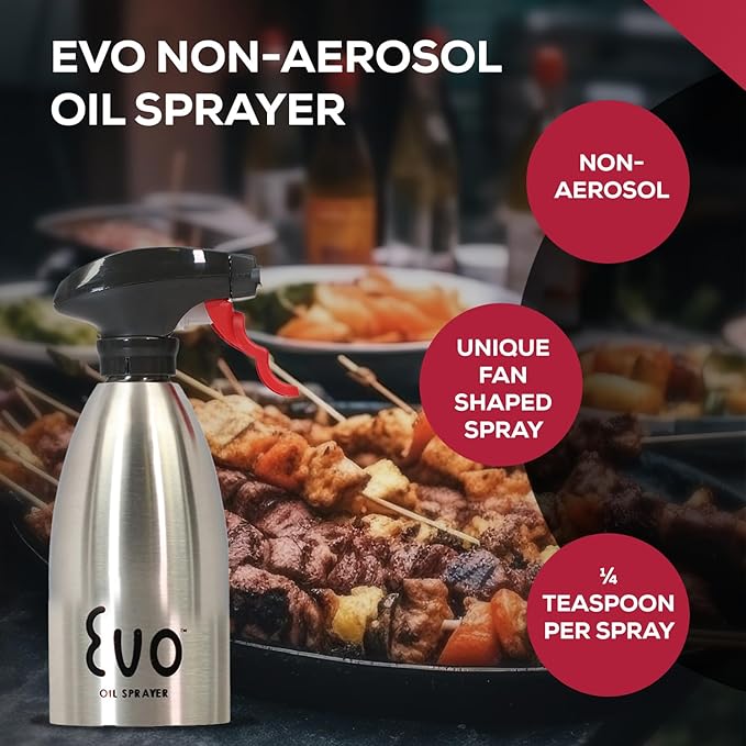 Evo Oil Sprayer 18/8 Stainless Steel, Non-Aerosol for Olive, Cooking Oils, and Vinegars, Silver, 16-Ounce Capacity