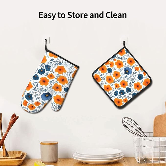 Spring Orange Blue Floral Oven Mitts and Pot Holders Sets of 3, Heat Resistant Non-Slip Burnt Orange Navy Flowers Kitchen Gloves Hot Pads for Cooking BBQ Grilling, Chef Baking Gifts for Women Baker