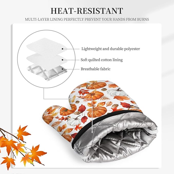 Thanksgiving Pumpkin Oven Mitts and Pot Holders, Fall Oven Mitts Sets of 3 for Cooking Lover Kitchen Decor, Pumpkins Heat Resistant Non-Slip Silicone Kitchen Glove Gifts for Mom Wife Sister BFF