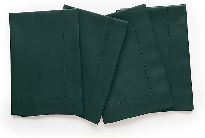 Solino Home Cloth Napkins Set of 4 - Cotton Linen Hemstitch Dark Green Dinner Napkins 20 x 20 Inch - Handcrafted and Machine Washable