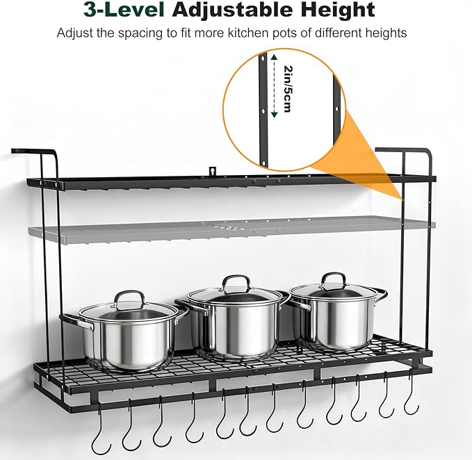 Housolution Pot Rack Wall Mounted, 22''-30'' Length Expandable, 3 Level Height Adjustable, 2 Tier Heavy Duty Hanging Cookware Pan Organizer with 12 Hooks and 8 Lid Holders