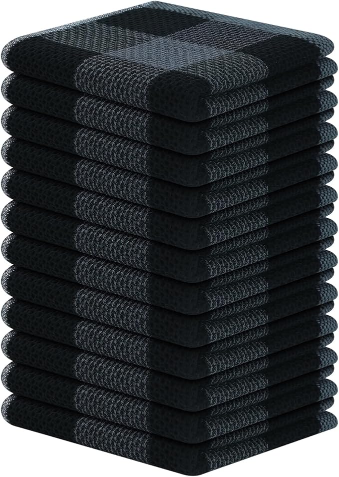 Homaxy 100% Cotton Waffle Weave Check Plaid Dish Cloths, 12 x 12 Inches, Super Soft and Absorbent Dish Towels Quick Drying Dish Rags, 12-Pack, Black & Grey
