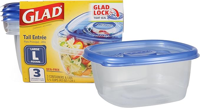 Glad GladWare Tall Entree Food Storage Containers with Lids, Large Square BPA Free Plastic for Meal Prep and Lunches, Lock Tight Seal, Microwave and Dishwasher Safe, 42 Oz, 3 Count