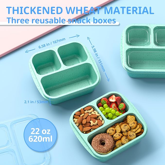 Snack Boxes (3 Pack) - Stackable Bento Boxes with 3 Compartments, Meal Prep Containers Reusable, Lightweight Lunch Containers for Kids and Adults, BPA Free (Green)