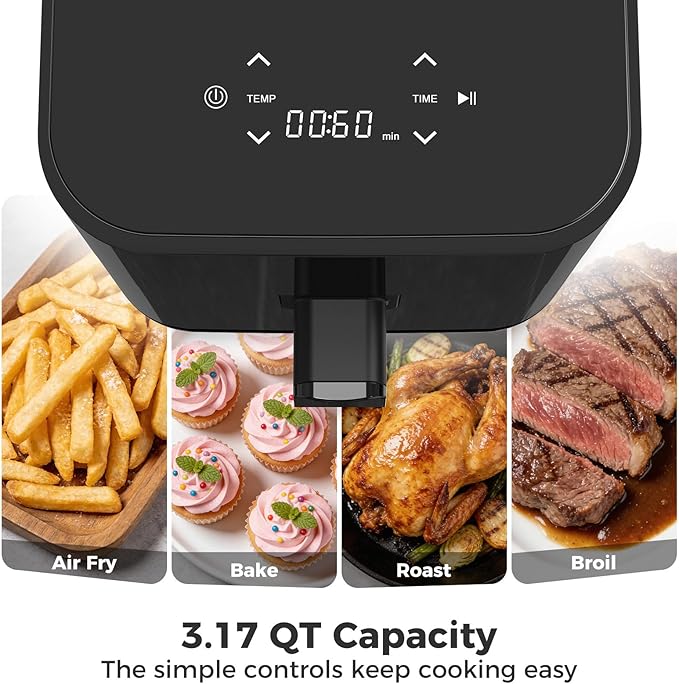 NEWBULIG Air Fryer, Compact Digital 3 Qt Airfryer with Nonstick Plate & Dishwasher Safe Basket, Quick Easy Meals, Features Auto Shutoff and Simple Touchscreen, Ideal for Small Spaces