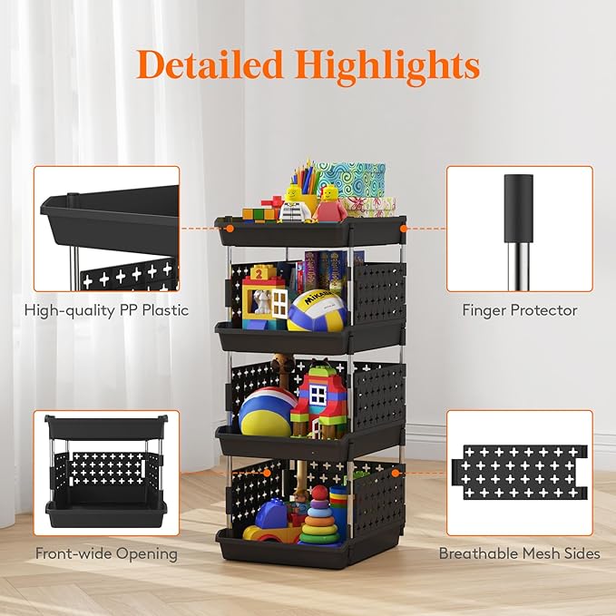 Lifewit Plastic Stackable Storage Baskets, 4 Tier Stacking Bins for Food and Clothes, Multifunctional Organizer for RV, Kitchen, Playroom, Pantry, Black, 35 x 30 x 72 cm/14 x 12 x 28 inch, 2 Pack