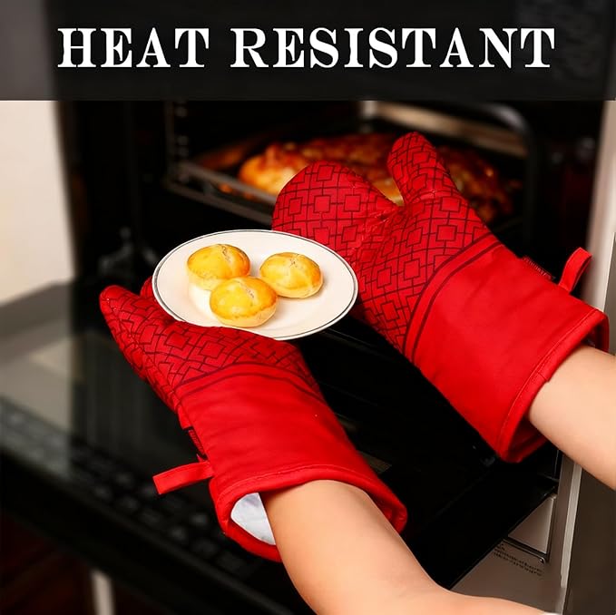 Oven Mitts and Pot Holders Sets 6pcs, Kitchen Oven Glove,High Heat Resistant 550 Degree Extra Long Oven Mitts and Potholders with Non-Slip Silicone Surface for Home Essentials (Grey) (Coral Red)