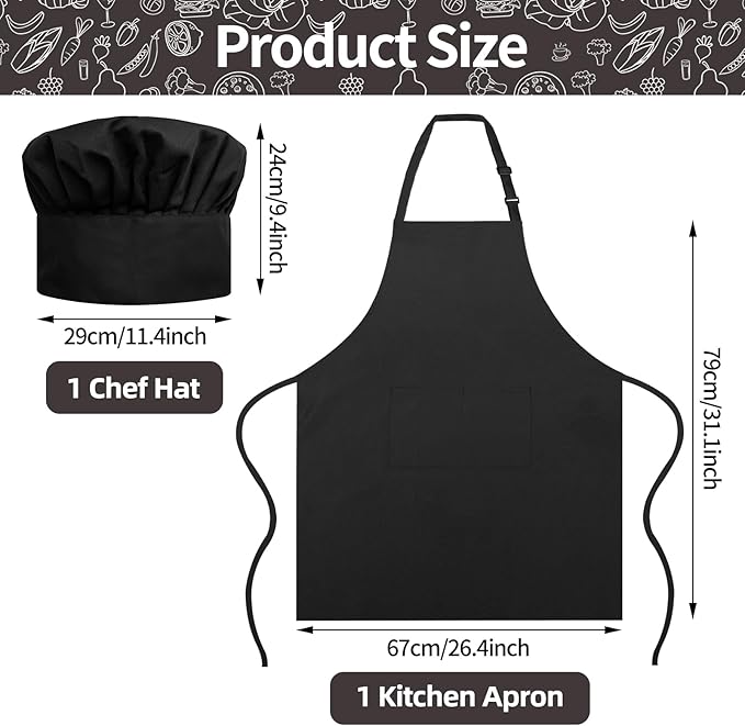 Chef Apron and Hat Set, Chef Hat and Kitchen Apron with Front Pockets for Adult