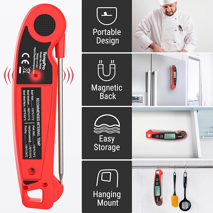 TempPro TP605 Instant Read Meat Thermometer for Cooking, Waterproof Digital Food Thermometer with Large Backlit LCD, Kitchen Thermometer for Grilling, Smoking & Candy Making (Previously ThermoPro)