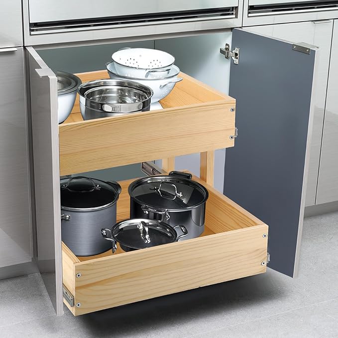 Mulush Pull Out Cabinet Organizer, 14''W×21''D×16''H Soft Close Slide Out Wood Drawer Shelves Storage for Kitchen, 2-Tier, Finished, Heavy-Duty, Bottom Assembly