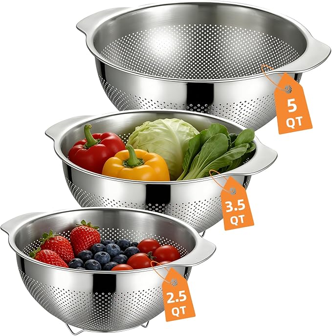 Colanders & Food Strainers,304 Stainless Steel Colander,3 Pcs Kitchen Strainers(2.5QT, 3.5QT, 5QT) for Pasta, Rice, Vegetables,Dishwasher Safe Metal Colander with Handles,Kitchen Gift