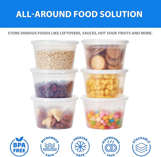 Plastic Deli Containers with Lids, 48 Sets 12oz Leakproof Soup Storage Containers for Family Soup & Leftovers, Round Meal Prep Cups, BPA Free, Microwave/Freezer/Dishwasher Safe
