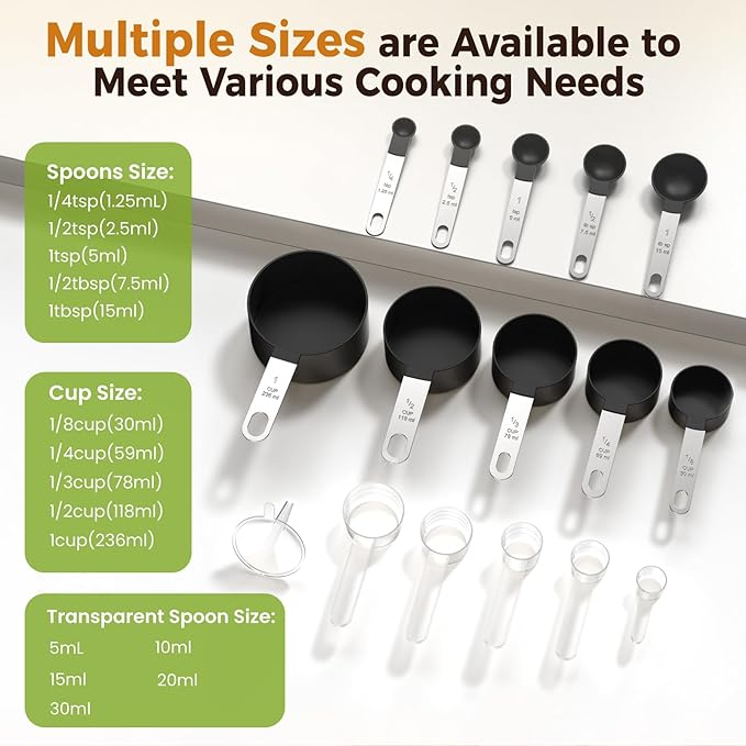 16PCS Measuring Cups and Spoons Set, Measuring Spoon Set with Metric and US Measurements, Fits for Measuring Dry and Liquid - Black