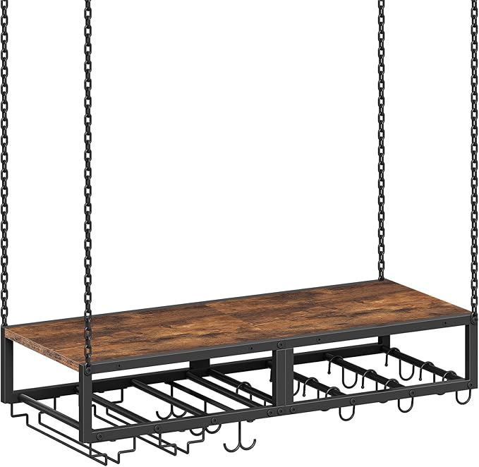 HOOBRO Hanging Pot Rack, Space-Saving Pot Hanger for Kitchen, Ceiling Pan Hanging Rack with 10 S-Shaped Hooks and 3 Dual-Prong Hooks, for Pot, Pan Storage,Space-Saving, Rustic Brown and Black BF78TL01