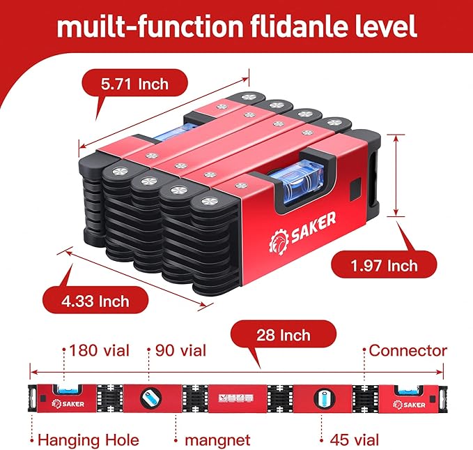 Saker Multi-function Foldable Level, 28-Inch Level Tool,Father Day Gift for Him Her,Multi-Angle Measurement Woodworking Tool,Precise Leveling In Any Position,Folding Level Tool To Save Your Time