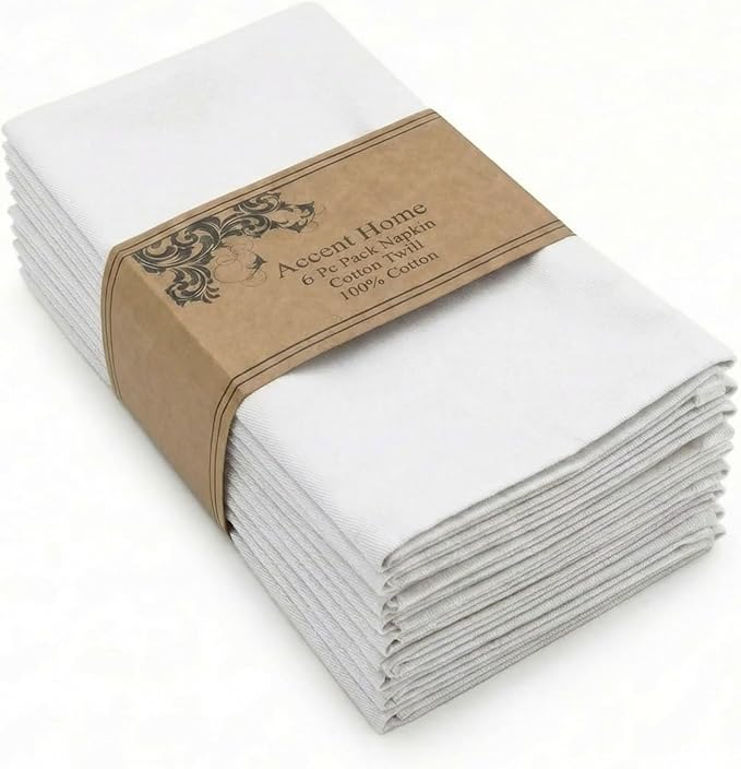ACCENTHOME Cloth Napkins Set of 6 18x18 inch 100% Cotton Dinner Napkin Washable Hotel Quality Reusable Kitchen & Table Linen for Fall Thanksgiving Family Dinners Weddings & Everyday Use - White