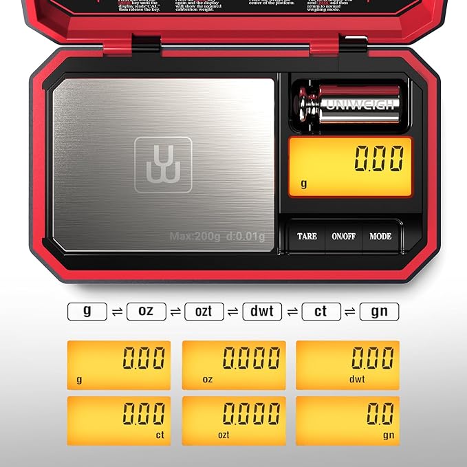 UNIWEIGH Travel Digital Pocket Scale 200g/0.01g, Digital Gram Scales, Mini Food Scale with 50g Calibration Weight for Food, Powder,Small Items, Tea, Jewelry, Coins (Battery Included)-Red