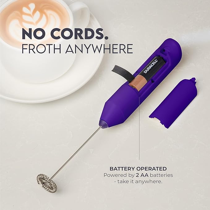 Zulay Kitchen Milk Frother Handheld Battery Operated – Electric Drink Mixer for Coffee, Lattes, Cappuccinos, Matcha & Hot Chocolate – Portable Foam Maker & Coffee Bar Accessory - Blackberry Purple