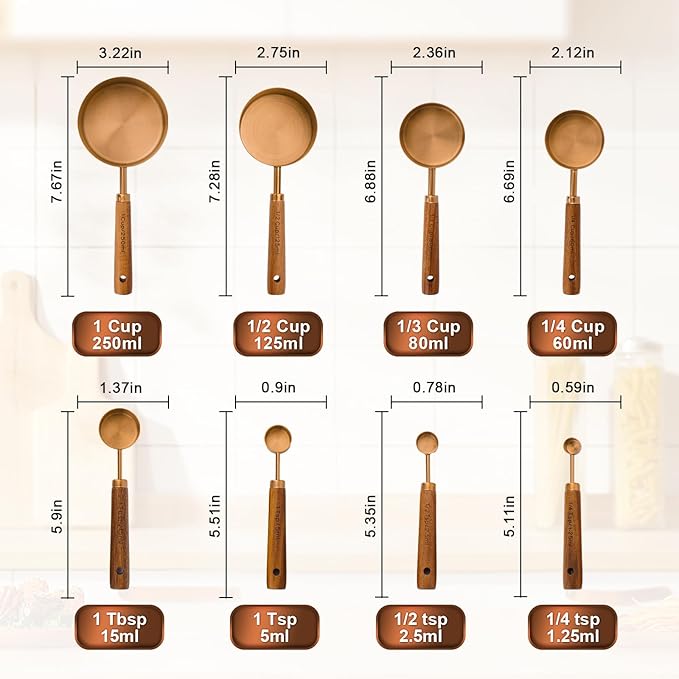 Premium Measuring Cups and Spoons Set with Wood Handle, 8-Pieces Stainless Steel Liquid and Dry Measuring Cup Set for Baking, Cooking, Coffee with Ergonomic Grip & Engraved Markings (Bronze8)