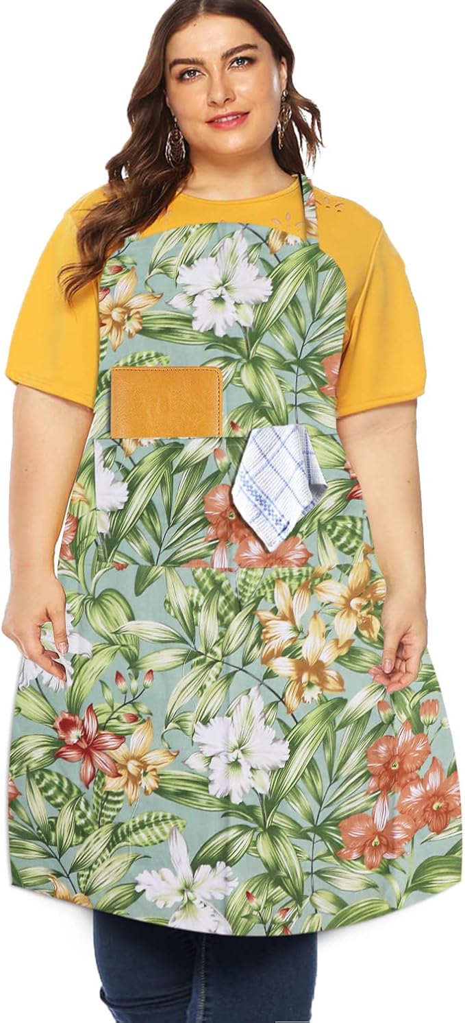 Sanlykate Extra Large Canvas Cotton Apron for Men & Women, Plus Size Durable Aprons with 2 Pockets, Adjustable Bib Machine Washable Oversized Aprons for Baking, Cooking, Painting - Leaves