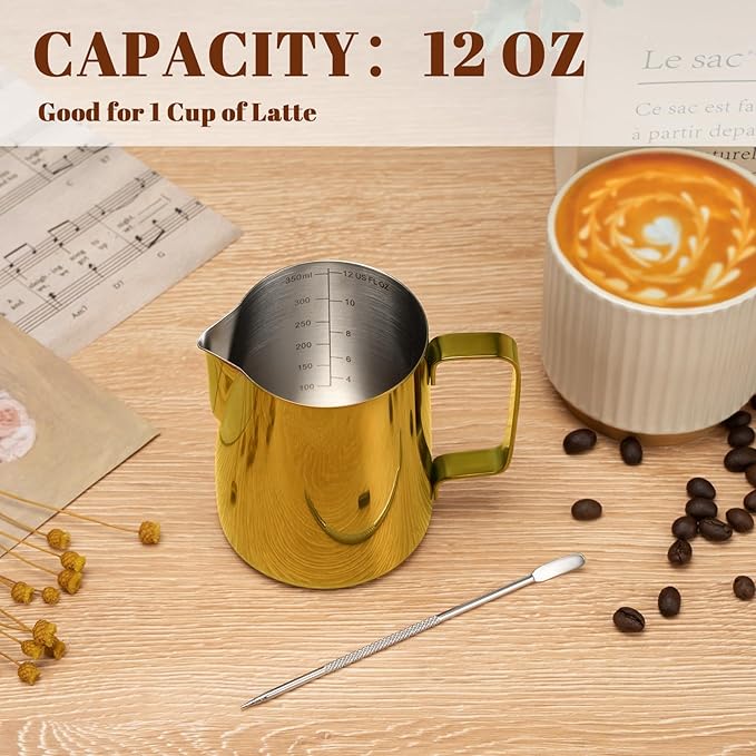 Amrules Milk Frothing Pitcher, 12 oz Milk Frother Cup with Clear Scale, 304 Stainless Steel Cappuccino Espresso Machine Accessories for Barista Coffee Bar with Latte Art Pen, Gold