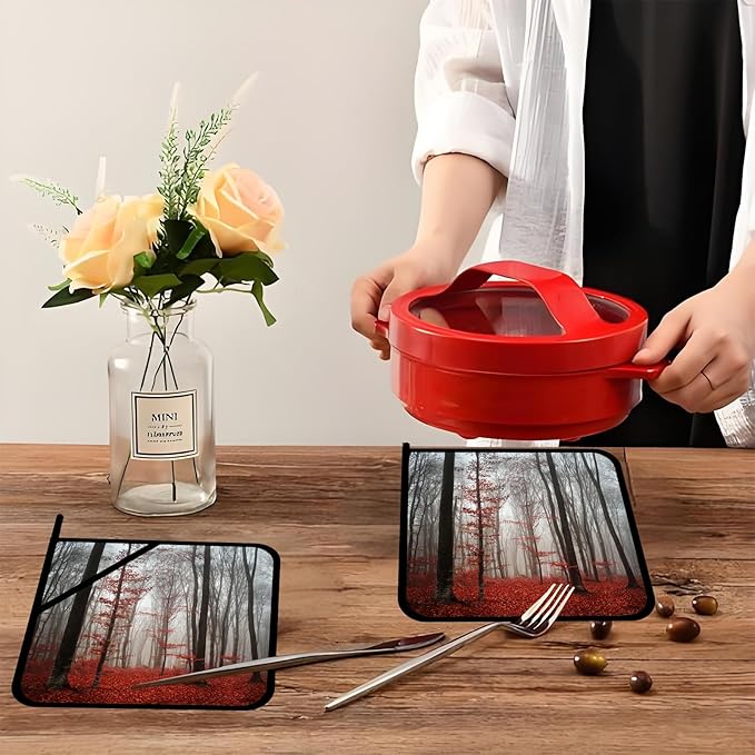 Red Mist Forest Pot Holders Set of 2,Kitchen Heat Resistant Potholder for Microwave Cooking Baking Oven and BBQ